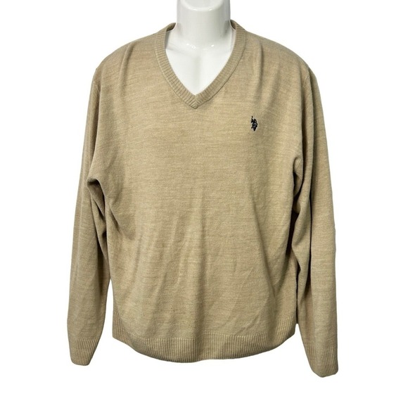 U.S. Polo Assn Knit Sweater Tan V-Neck Pullover‎ Men's Size XL Classic Style - Picture 2 of 8